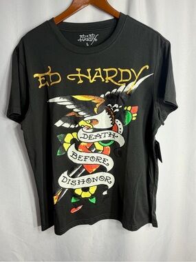 Ed Hardy Black Graphic Tee with Red Logo Tag size L new s tags